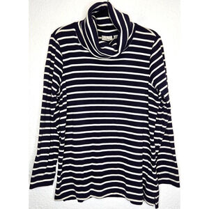 LL Bean Sweater Womens XL Navy White Striped Cowl Turtle Neck Preppy Nautical